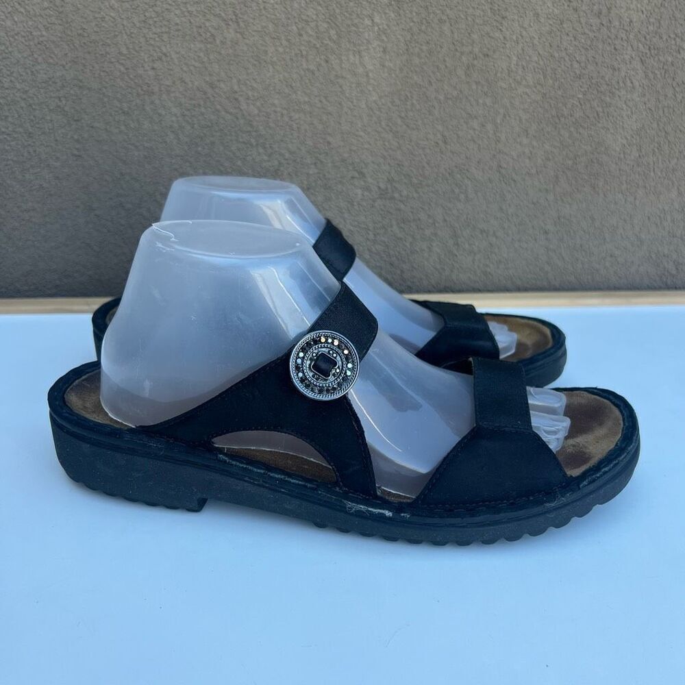 Naot Womens Sandal Size EU 41 US 10 Black Leather Wedge Slide Rhinestones Stretc